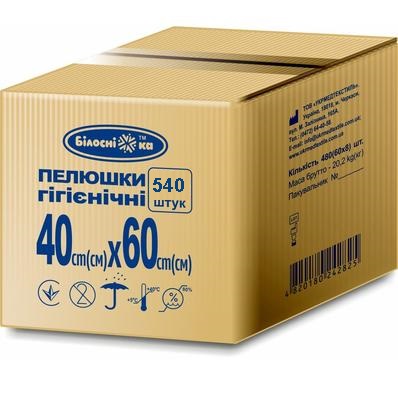 Пелюшки гігієнічні 40см х 60см, ТМ "Білосніжка", в коробі 540 штук, виробник Укрмедтекстиль (Україна)